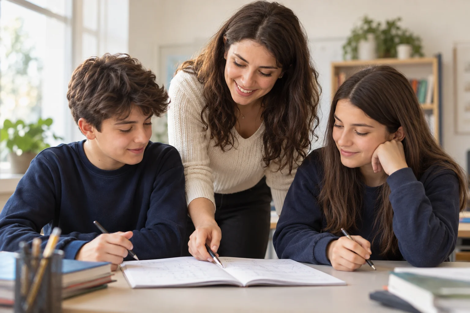 Bir öğretmenle birlikte matematik çalışan iki öğrenciyi gösteren temsili görsel